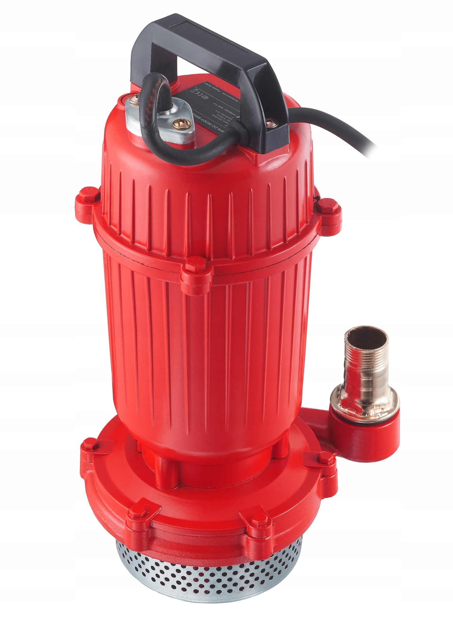 Pompa zanurzeniowa, przeznaczona do pompowania wody, w tym wody brudnej. Urządzenie koloru czerwonego, z czarną rączką i kablem zasilającym oraz metalowymi elementami przy wylocie - ujęcie nr 1